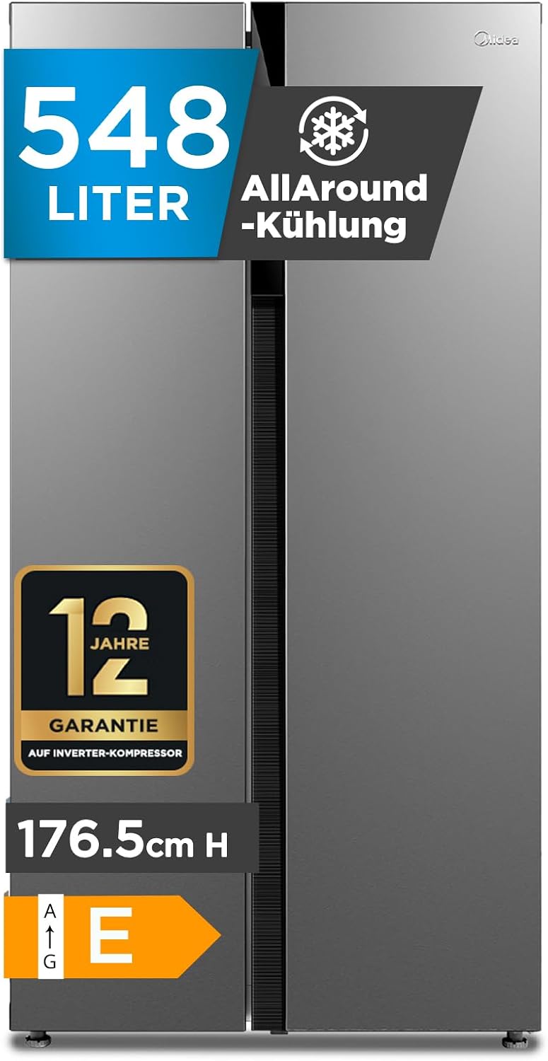 Midea Side-by-Side-Kühlschrank, 176,5 cm, 347 L, 201 L, 35 dB, Silber, MERS530FGE02 Side-by-Side Kühl-/Gefrierkombination/No