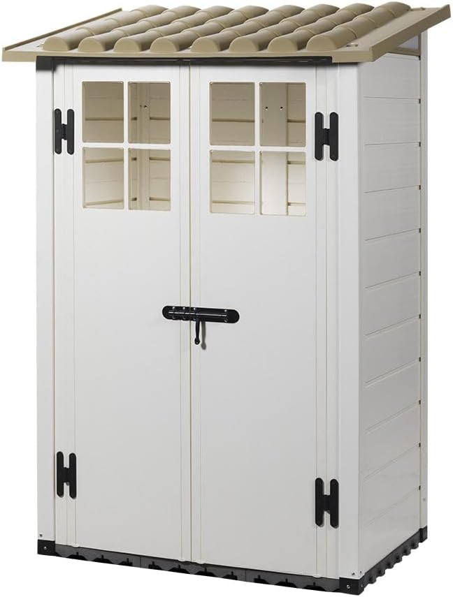 Gerätehaus NOOR, 95x139x201 cm, Weiß/Beige/Taupe, Gartenhaus Tuscany Evo 100, I Schmales aus wetterfestem PVC-Kunststoff I Mit 1 Tür