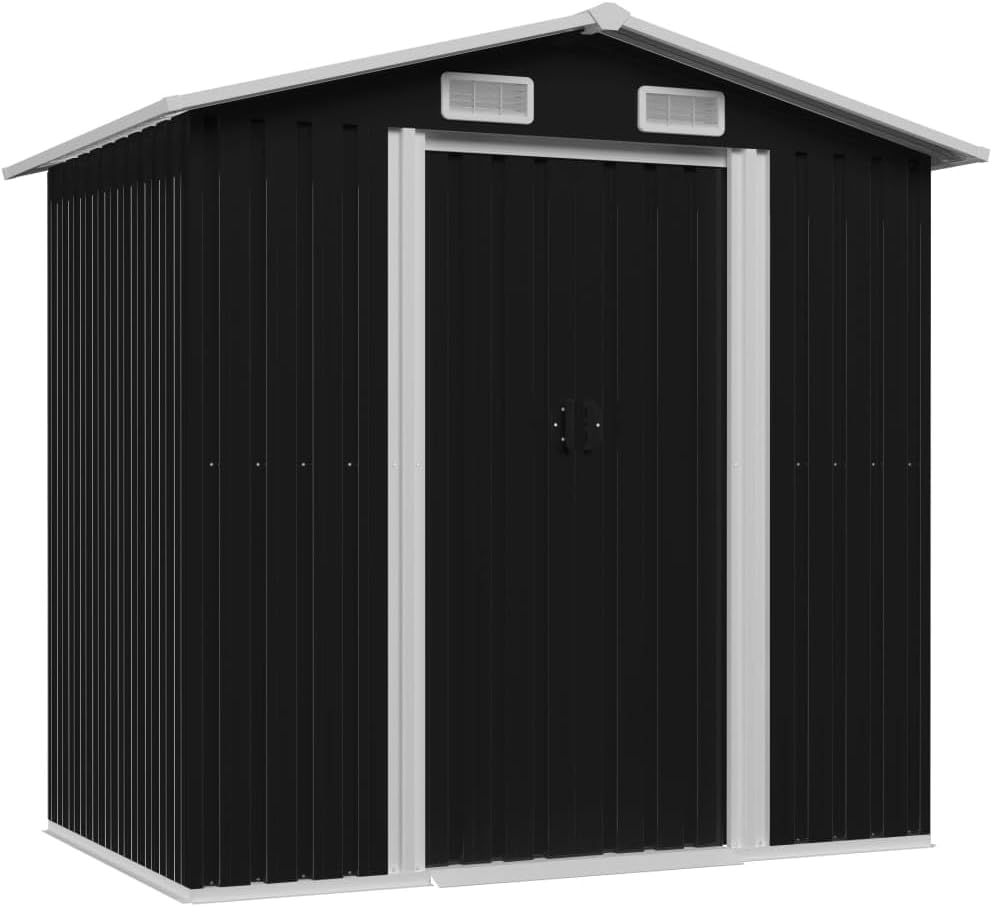 Hovothy Gerätehaus, 204x132x186 cm, Verzinkter Stahl, Anthrazit, Gartenschrank Wetterfest Geräteschuppen Stahl Gartenh