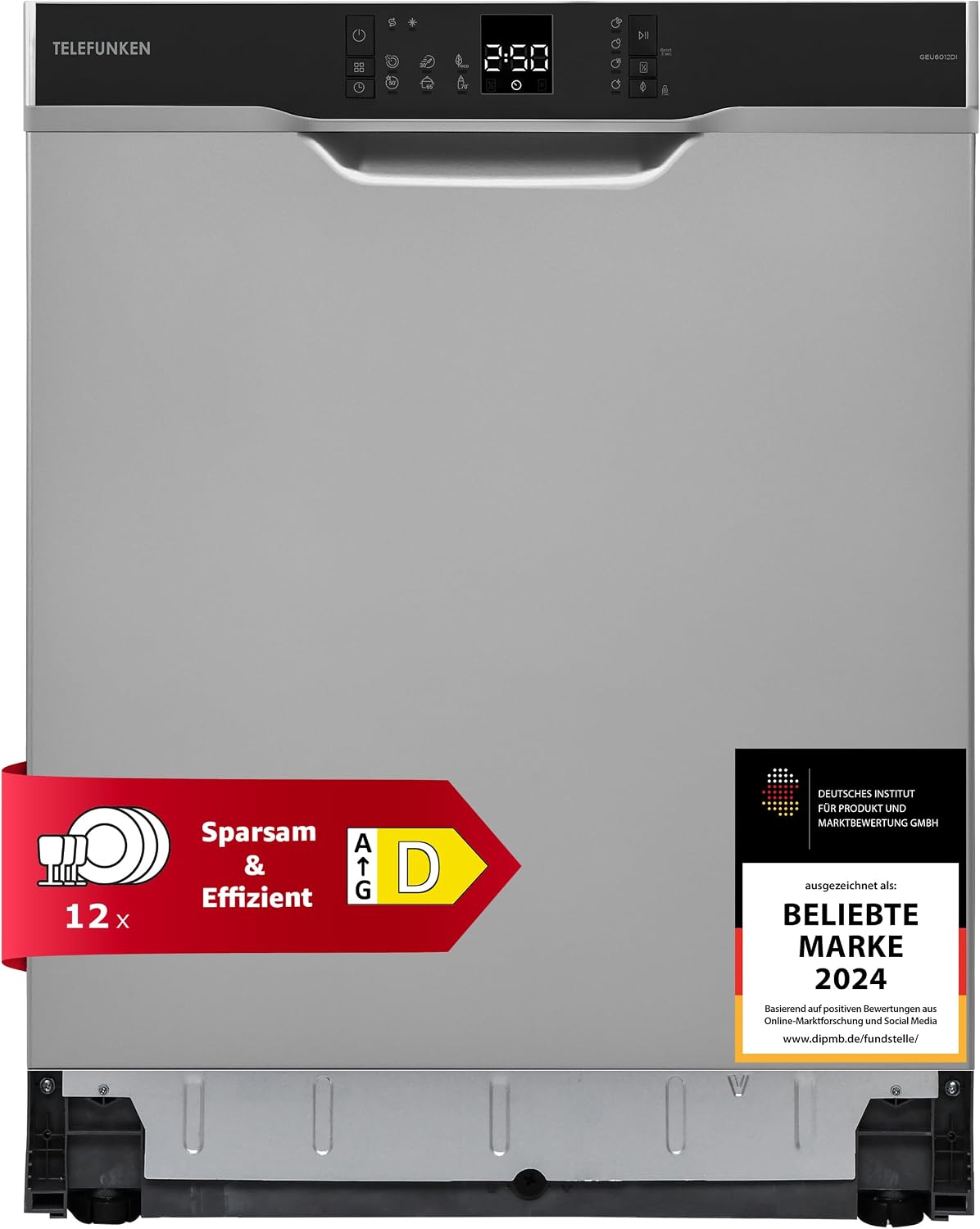 TELEFUNKEN Geschirrspüler, 60 cm, 45 dB, Silber, Unterbau, Spülmaschine, 12 Maßgedecke, 6 Programme, AquaStop, Startzeitvorwahl