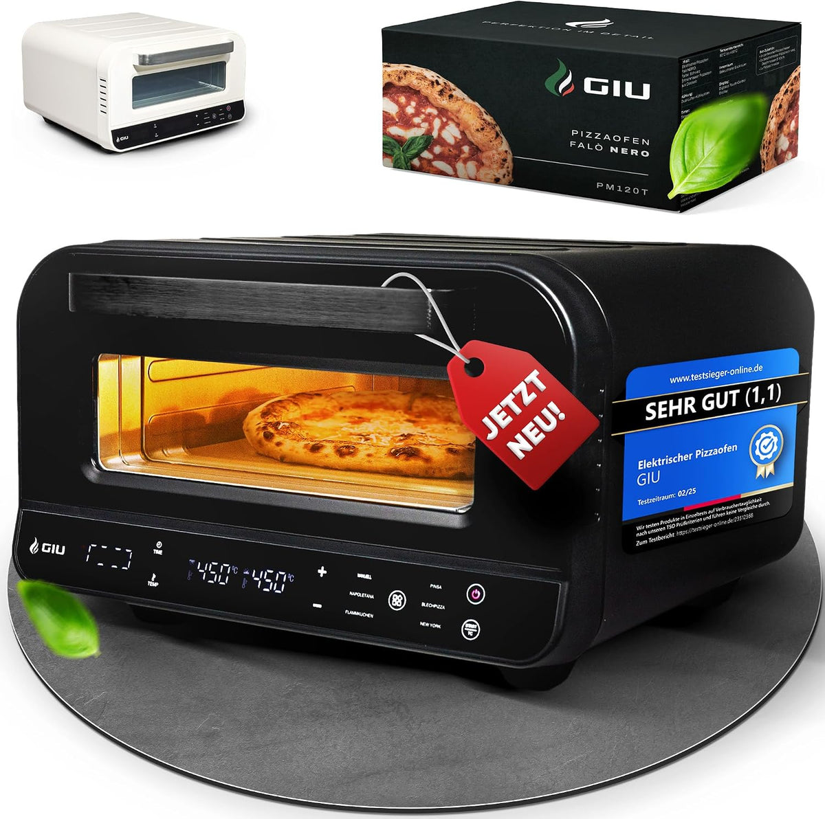 GIU Pizzaofen, Schwarz/Weiß, Elektrischer - Starker Elektro-Ofen für neapolitanische, Backofen, Electric Oven, Über 400 Grad FusionHeat-Tech