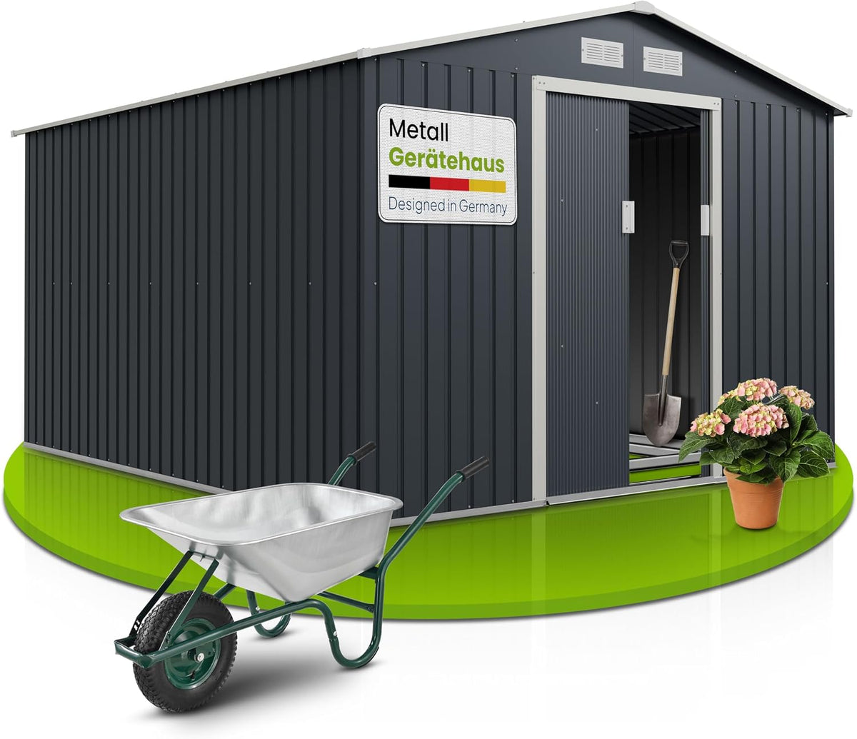 Gerätehaus Juskys, 277 x 319 x 192 cm, 15m, anthrazit, Metall XXL ³ mit Satteldach, Schiebetür & Fundament - - - Geräteschuppen Gartenh