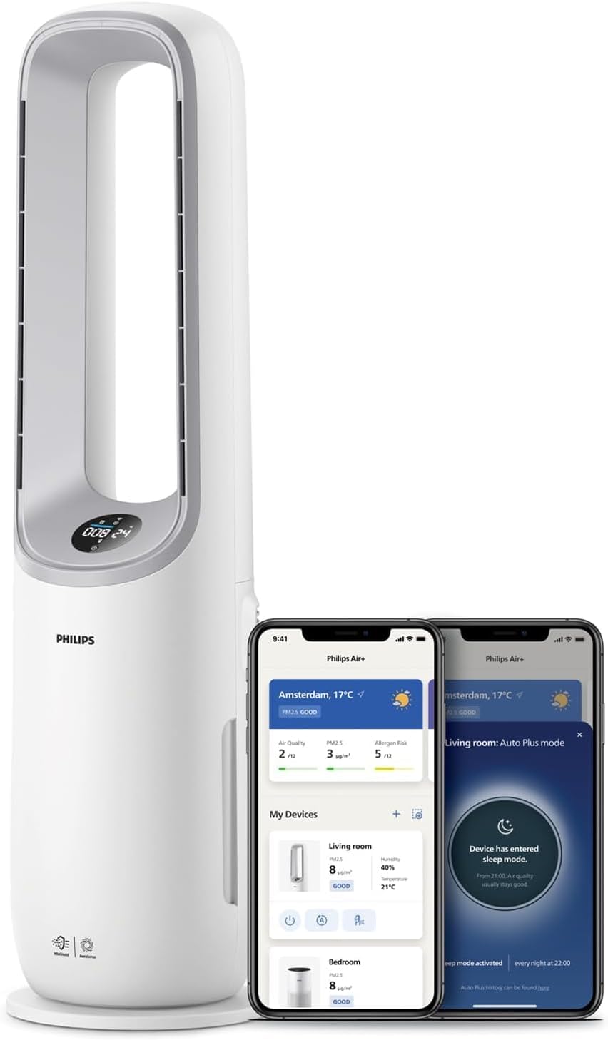 Philips Dunstabzugshaube, 70 m, Weiß, Air Performer 2-in-1: Luftreiniger und Kühlgebläse -, Entfernt 99, Intelligente Sensoren
