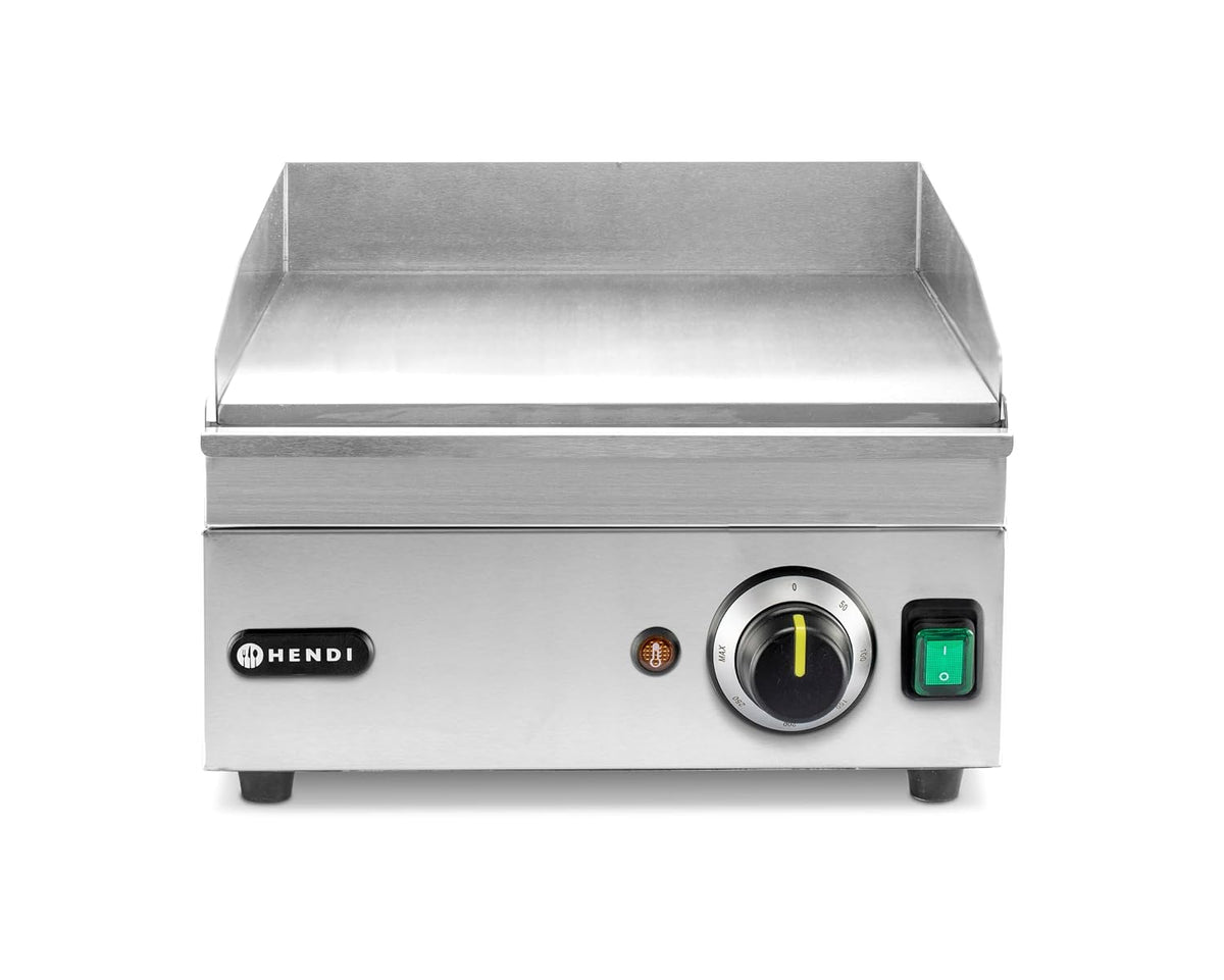 HENDI Elektrogrill, 2000 W, 222 mm, 230 V, Silber, Grillplatte, glatte Ausführung, Entnehmbare Festtschublade, Temperatur bis 300°C regelbar