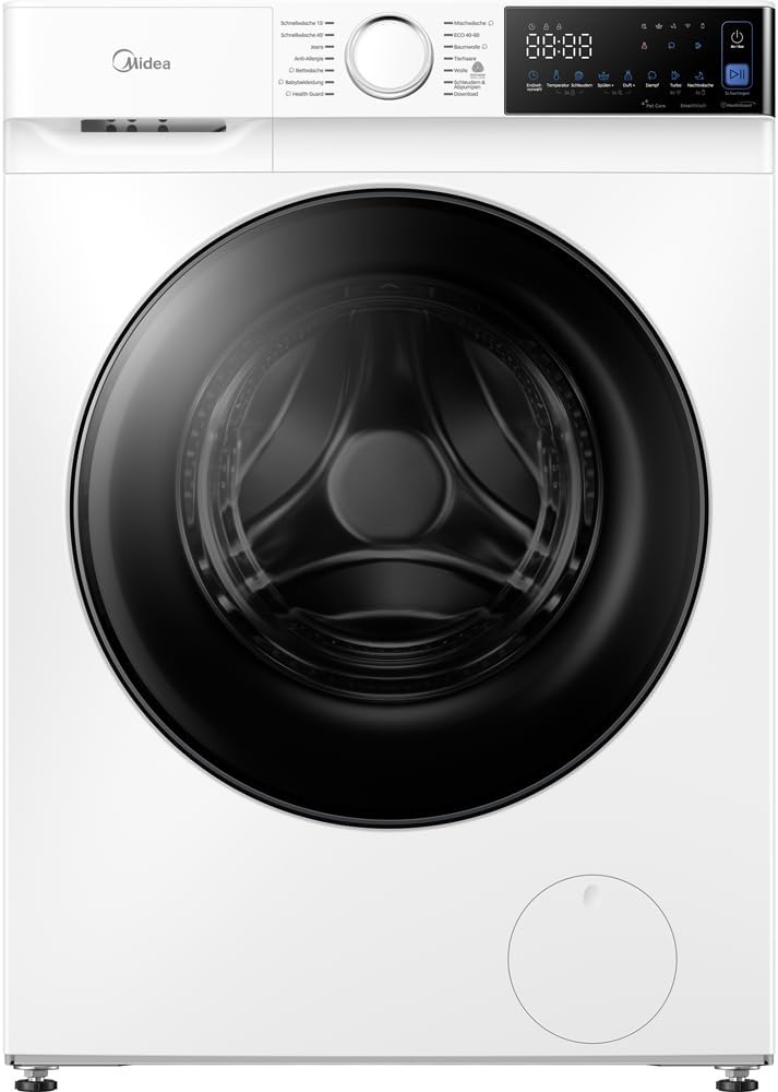 Midea Waschmaschine, 8 kg, Weiß/Schwarz, V5 Series, EEK A-30%, 1400 U/min, Steam Wash, 15/45 Min Schnellwäsche