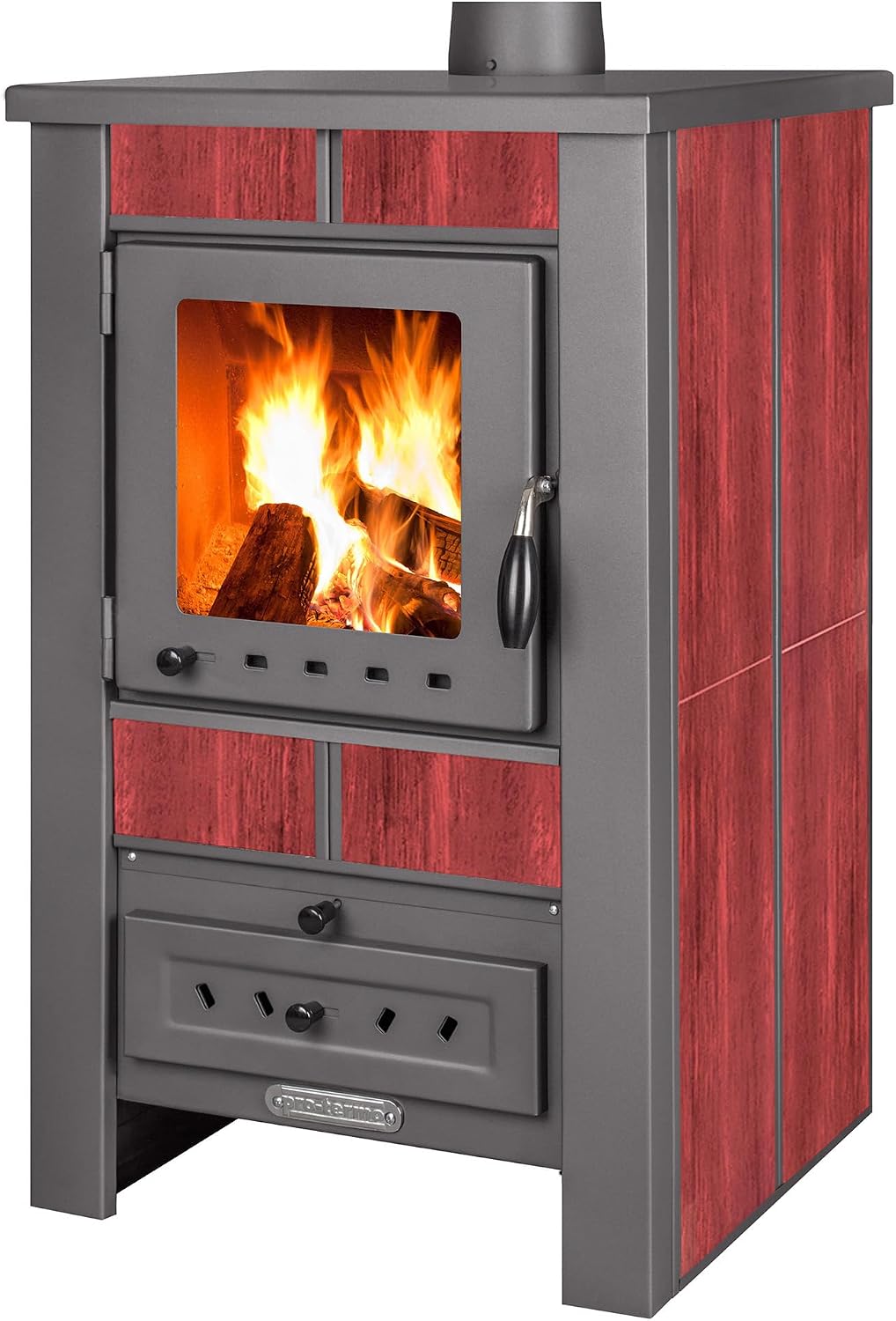 ProTermo Kaminofen, 8 kW, Rot/Grau, Alpina G Rot mit Schamottstein - Heizleistung - Holzofen, Bauart 1