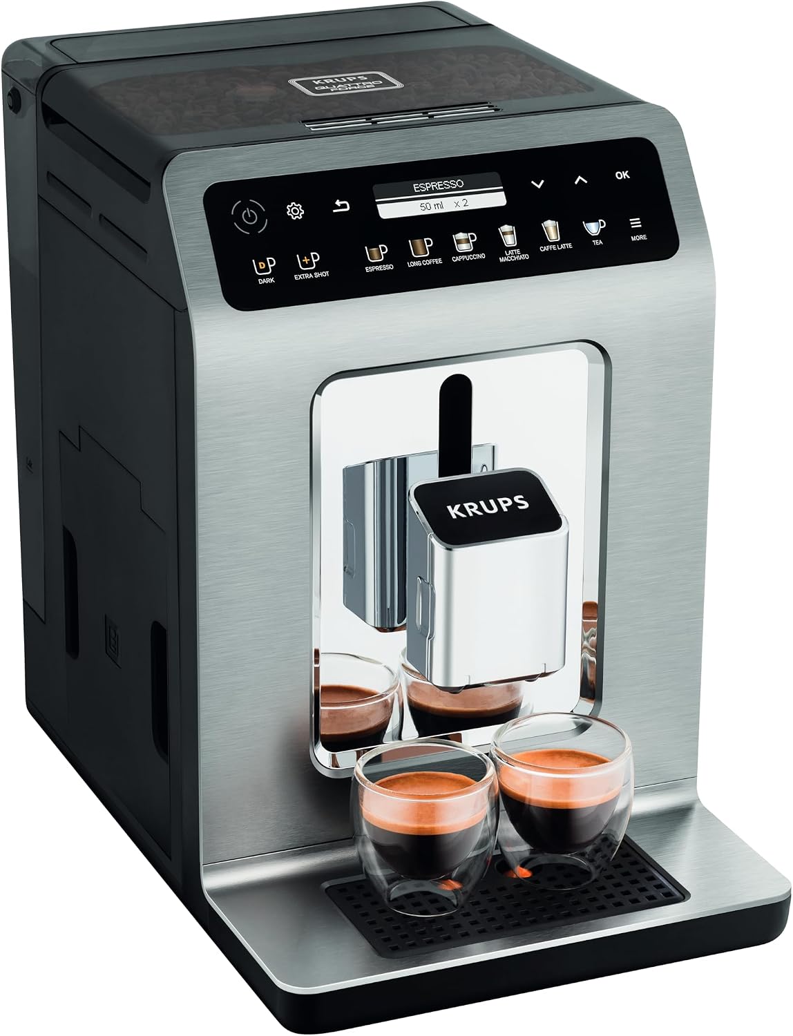 KRUPS Kaffeevollautomat, Silber/Schwarz, Evidence Plus mit Milchschlauch, 19 Getränke, 2-Tassen-Funktion, Farbdisplay