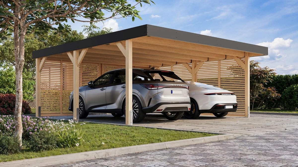 Chillroi Carports, natur/hellgrau, Karibu Leimholzcarport mit EIN oder Zwei Stellplätzen, optional mit Seitenwänden (Doppelcarport - mit Seitenwänden)