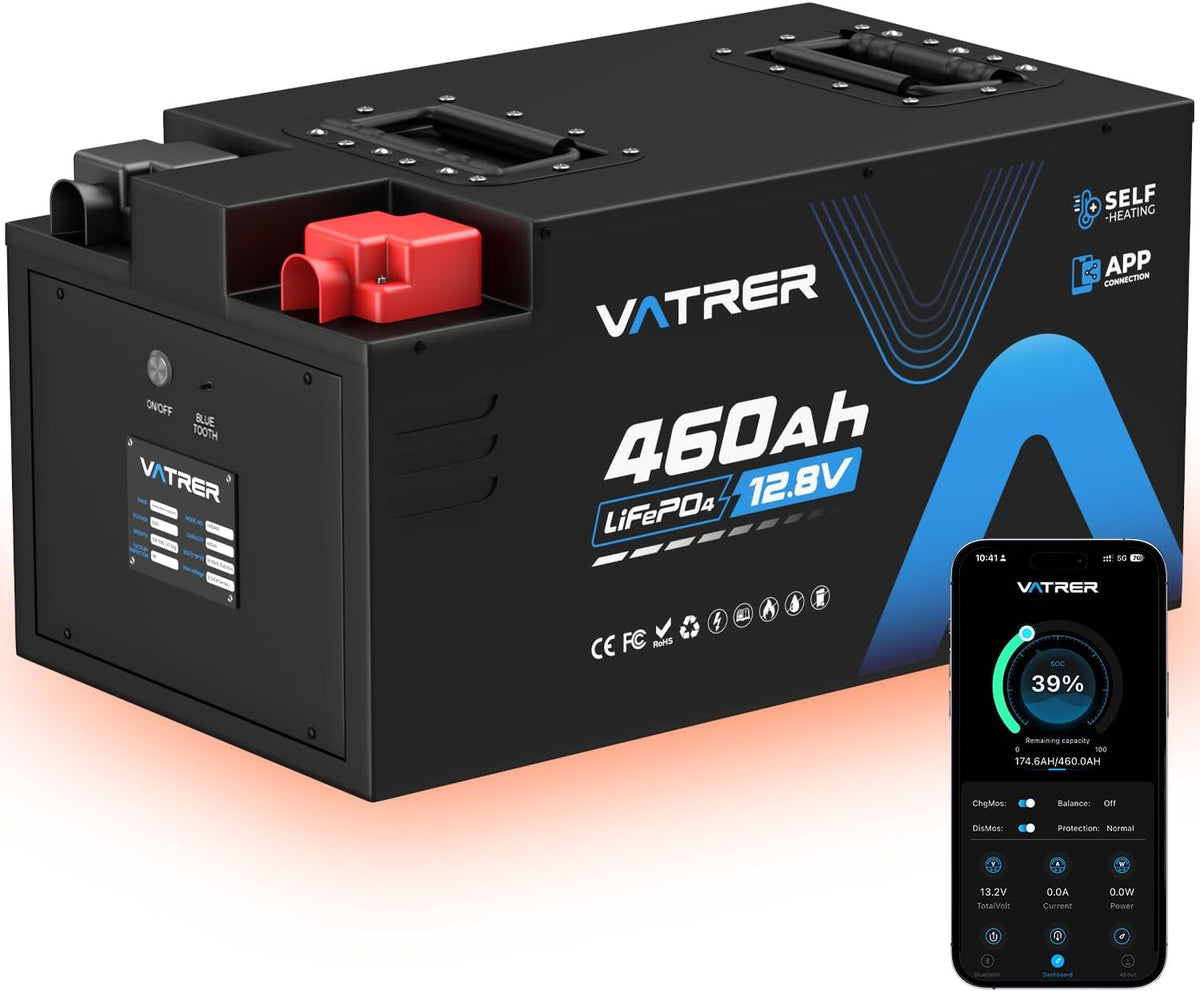VATRER POWER Fernseher, 5888 Wh, 460 Ah, 12 V, Schwarz/Rot, Selbstaufheizende LiFePO4 RV- & Wohnmobil-Batterie, APP-Überwachung
