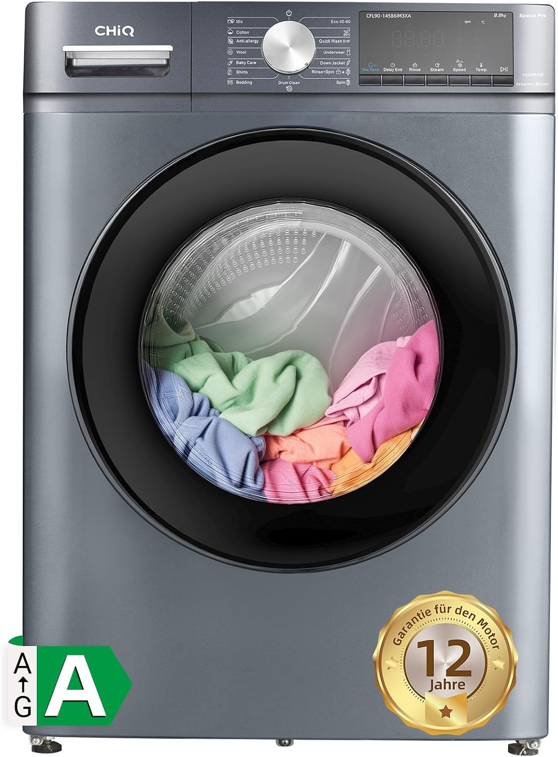 CHIQ Waschmaschine, 847 mm, 9 kg, Schwarz, Frontlader, große Trommel｜1400 U/min, Inverter｜ 600 x 577 x (B x T x H)｜16 programme