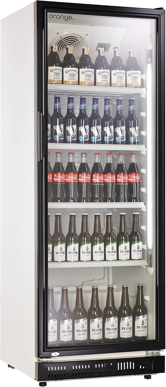 orange . Getränkekühlschrank, 360 L, Weiß/Schwarz, (Flaschenkühlschrank) mit Glastür. Abschließbar
