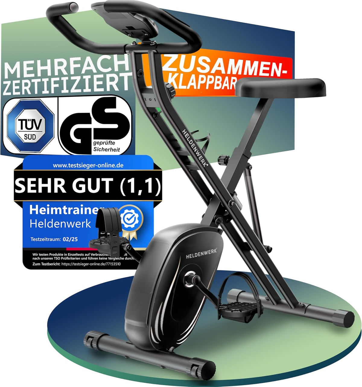 HELDENWERK Fahrrad, 150KG, Schwarz, Bike, Heimtrainer Klappbar Set-extra bequem & leise- [FlexiFoam], Hometrainer