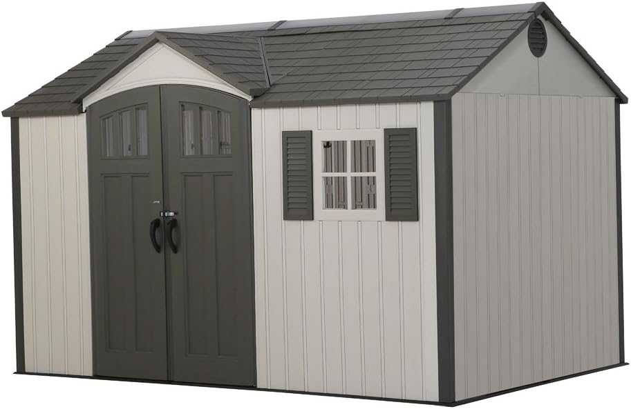 LIFETIME Gerätehaus, 381x244 cm, 115 kg, Grau/Weiß, Kunststoff Texas, Mit Bodenplatte & Zubehör, Wetterfest & UV-beständig