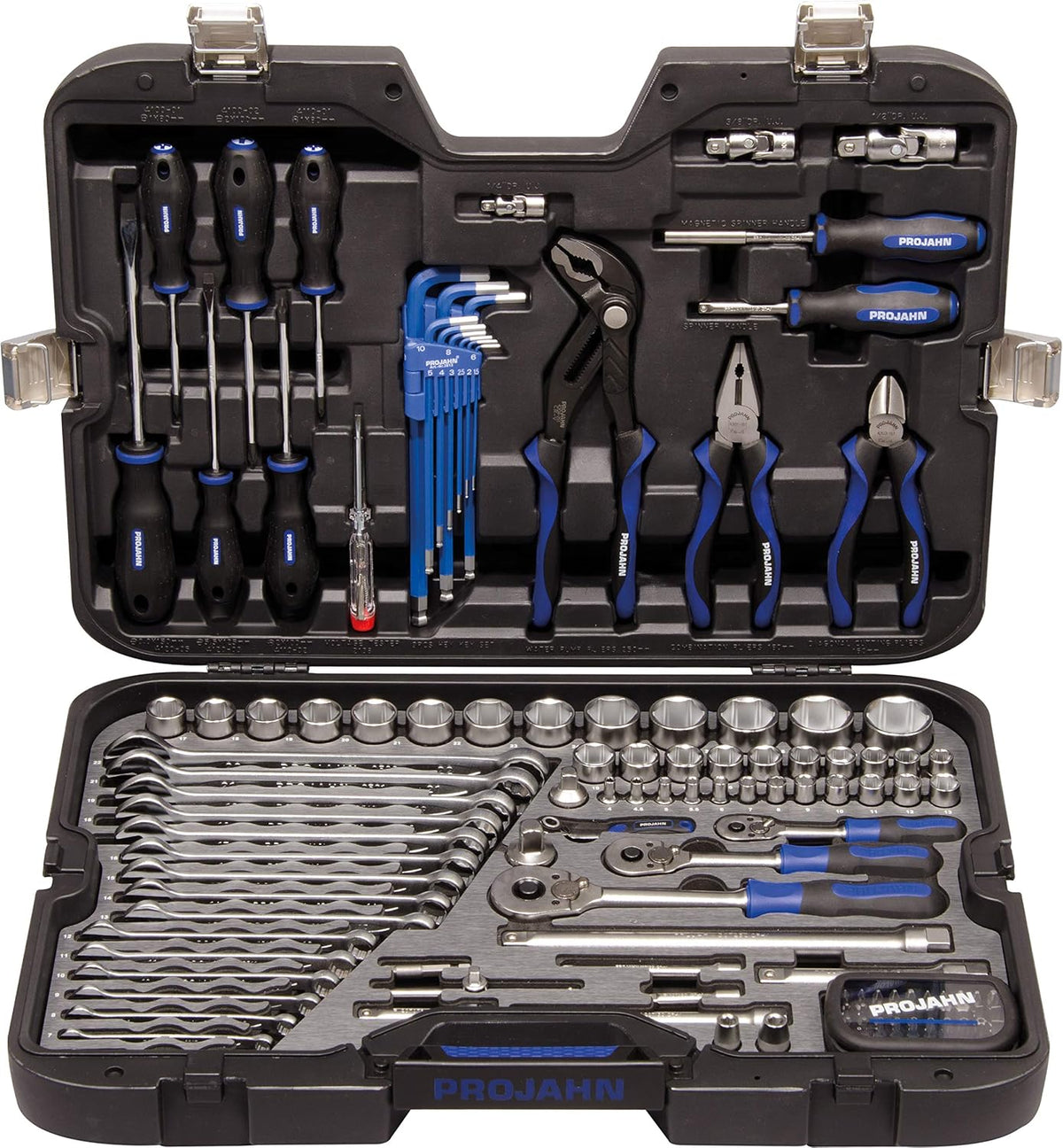 Projahn Werkzeugkasten, Schwarz/Blau/Silber, 39048201 Industrie-Werkzeugkoffer Universal metrisch 122-tlg, /Werkzeug Set - umfangreiches Sortiment