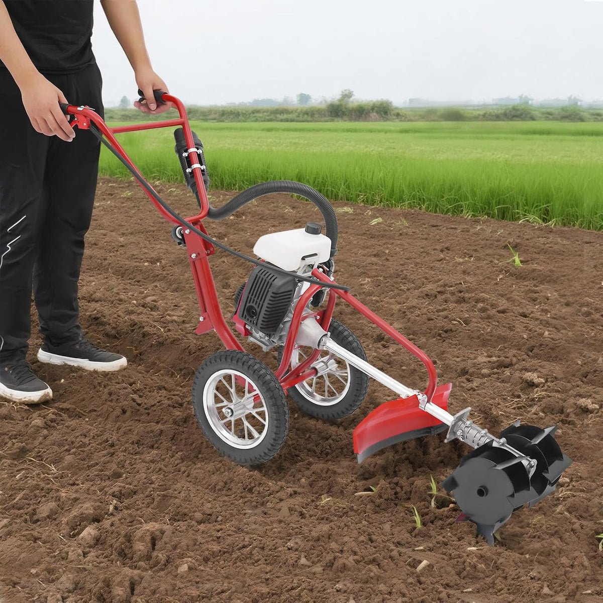 HINOPY Motorhacken, 4 PS, 10 cm, Stahl, Rot/Schwarz, Benzin Motorhacke 63CC, 4-Takt Gartenfräse Bodenhacke Kultivator Mähenbodenfräse