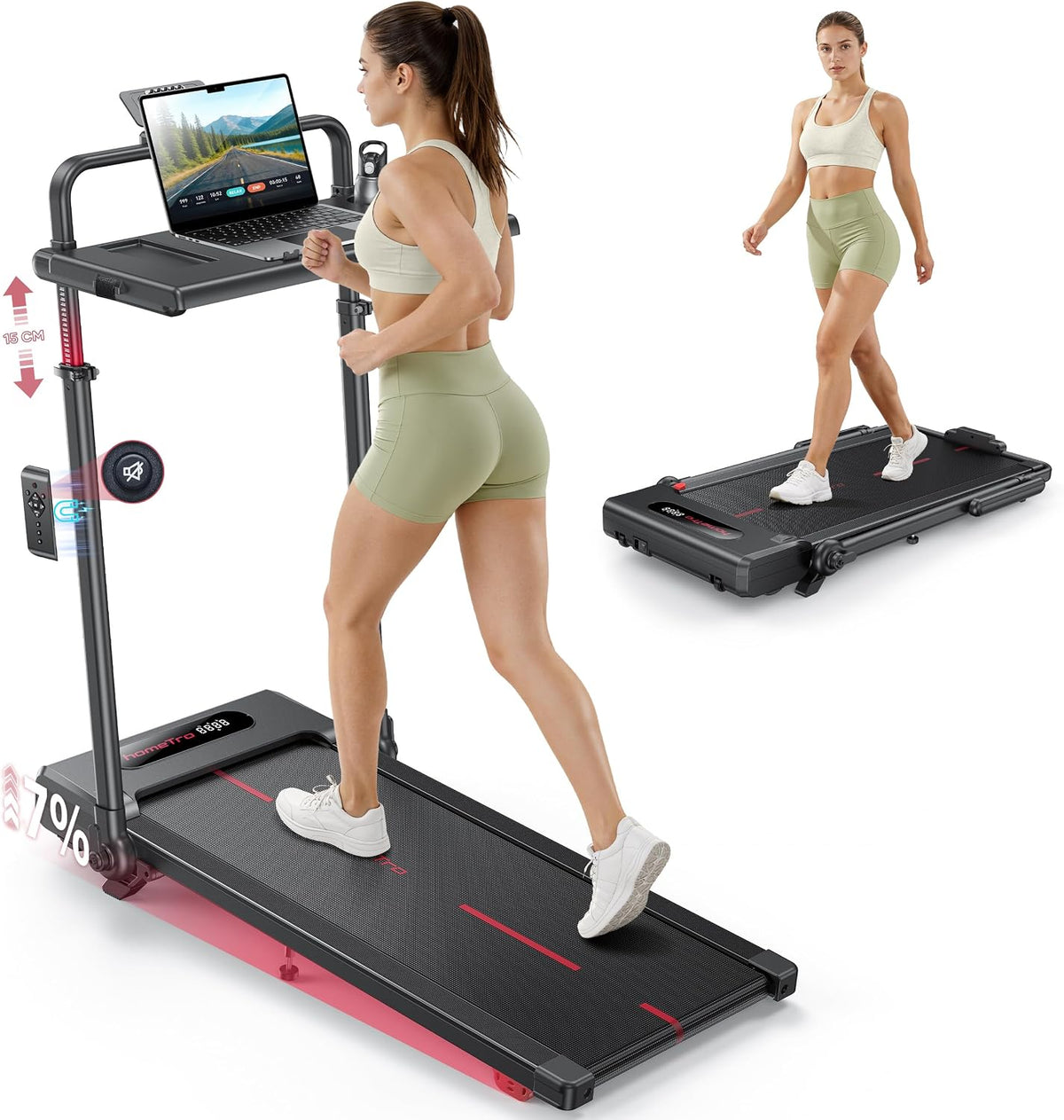 HomeTro Schreibtisch, 150 mm, Schwarz, Laufband für Zuhause Klappbar mit 7% Steigung, All-in-1 Walking Pad bis 12 km/h mit 3