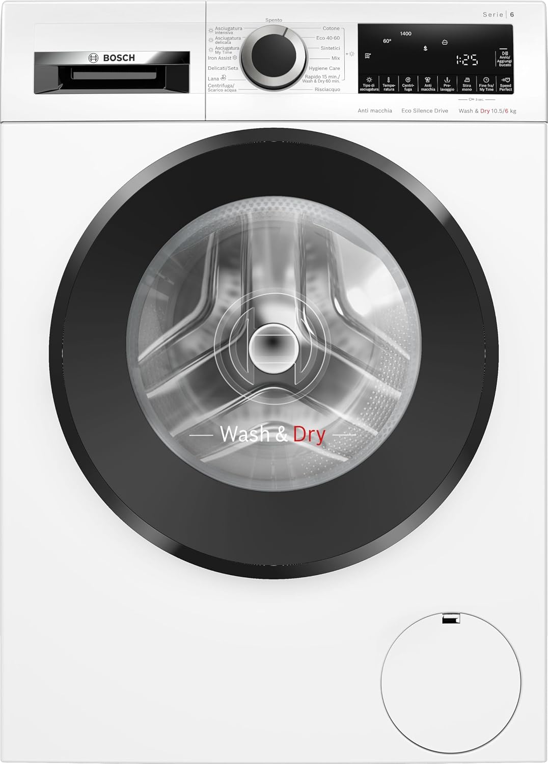 Bosch Wäschetrockner, 60 cm, 6 kg, 6 W, Weiß/Schwarz, WNG25400IT Serie 6, Kapazität 10, 1400 U/min, Iron Assist
