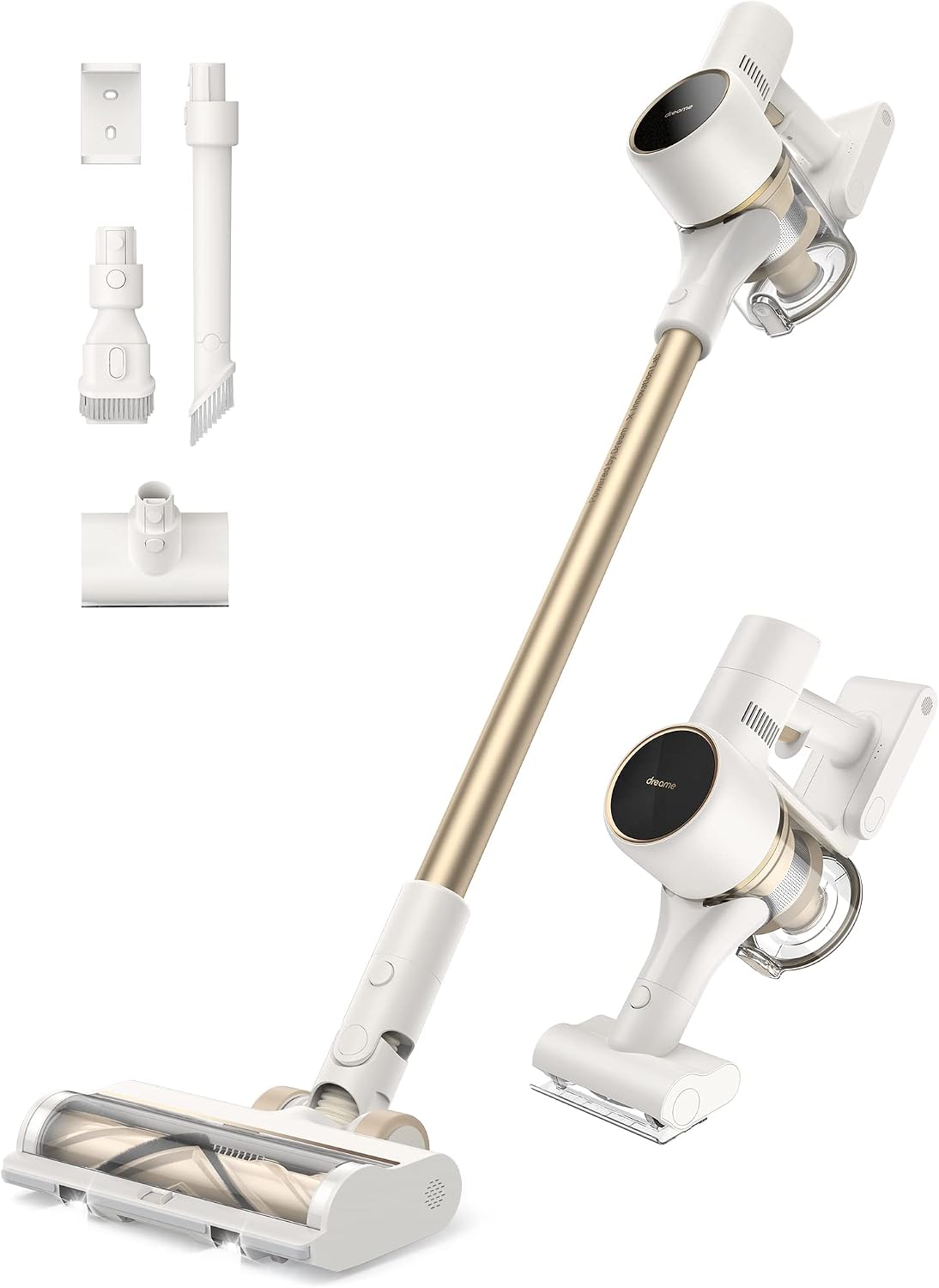dreame Staubsauger, Weiß/Gold, R10 Akku, 20.000 PA / 120AW Starke Saugkraft Kabellos, 60 Min Laufzeit, Bürste für Diverse Oberflächen mit LED-Licht