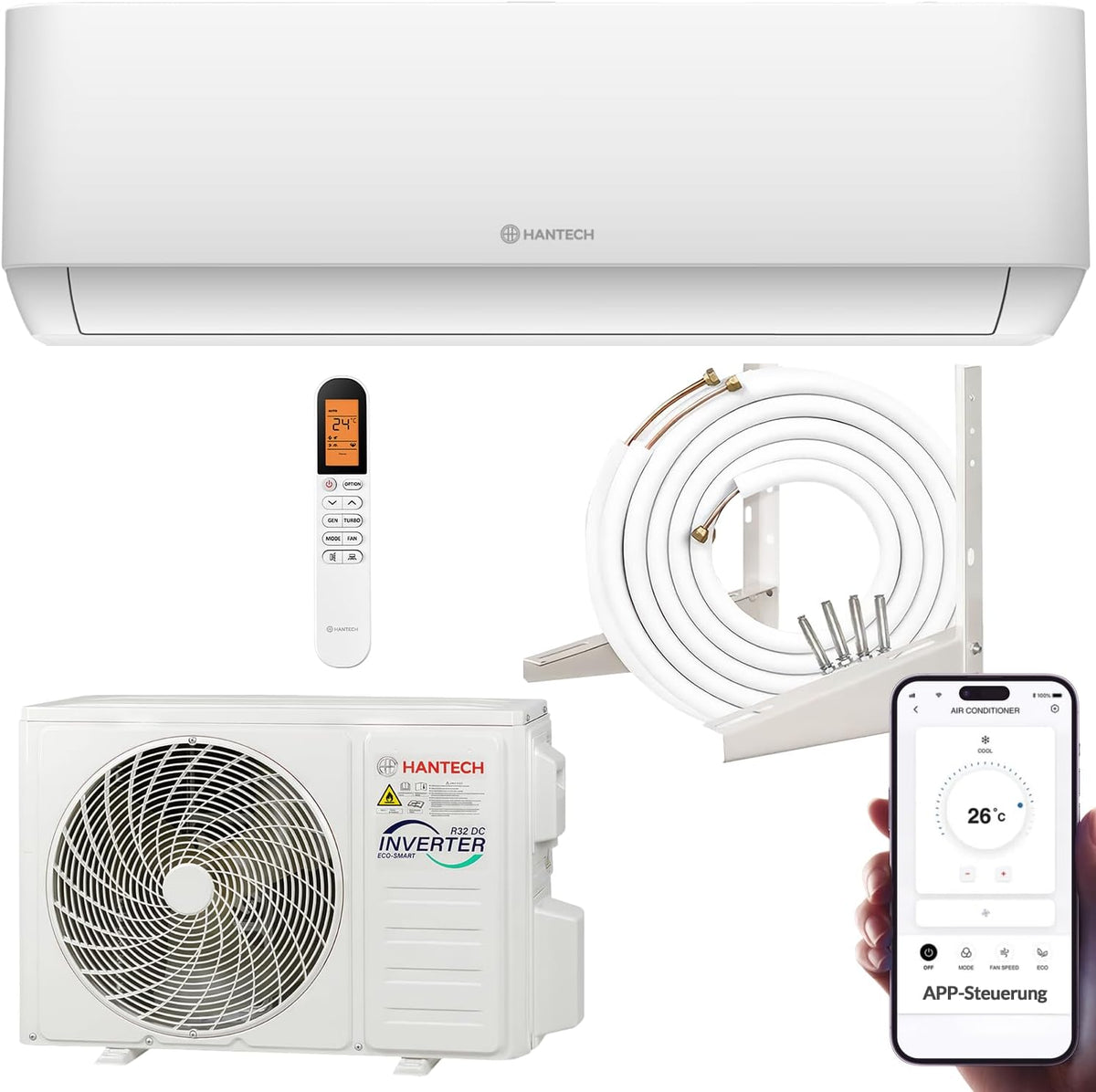 HANTECH Split-Klimaanlage, 45m, weiß, Split Klimaanlage 12000 BTU (bis ²) H-PRO Heiz-&Kühlfunktion, Luftfilter