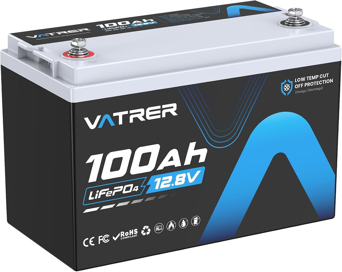 VATRER POWER Deep-Cycle-Batterien, 100 Ah, 1280 W, 12 V, Schwarz/Grau, LiFePO4 Akku mit Niedrigtemperatur-Abschaltung & 100A BMS