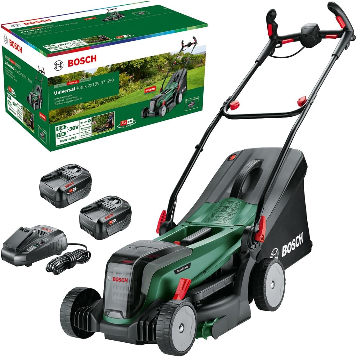 Bosch Rasenmäher, 4,0 Ah, 37 cm, 18 V, Grün/Schwarz, Akku- UniversalRotak 2x -37-550 (bis zu 500 m2 mit 2x Akku)