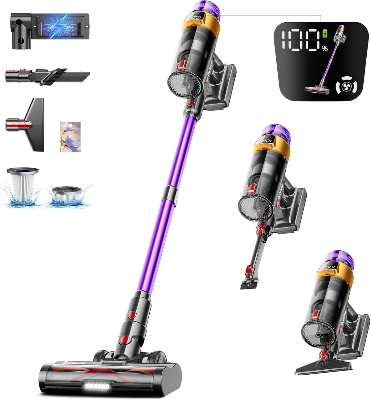 Bulelink Staubsauger, 600 W, 1,8 L, Lila/Gelb/Schwarz, Akku 50000Pa/ /65Min Kabellos mit OLED-Display., Selbststehendes Design