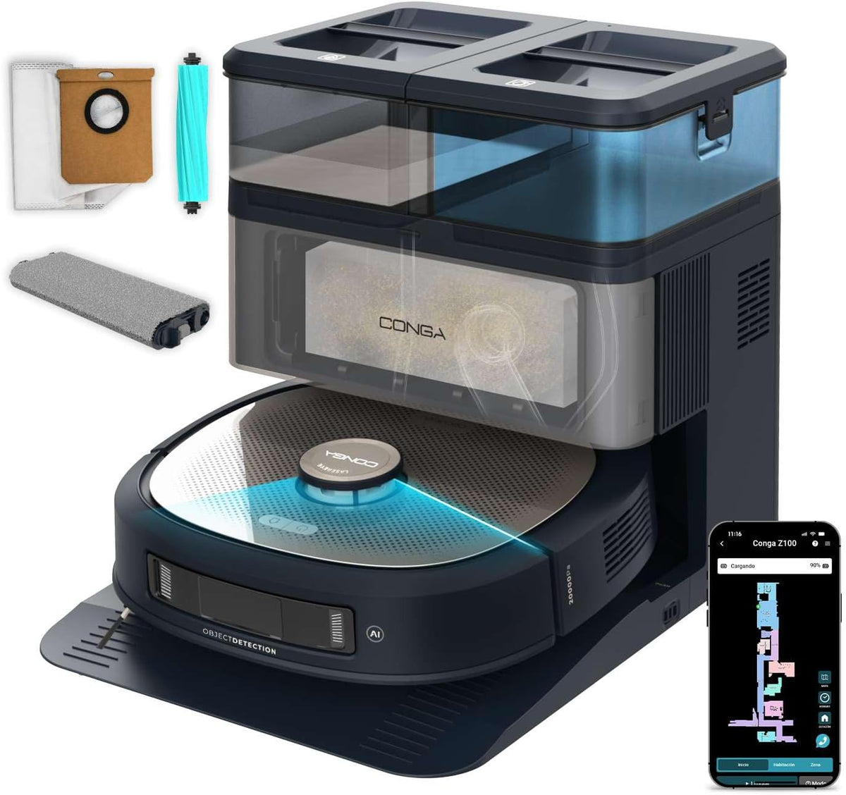 Cecotec Saugroboter, schwarz/blau, und Wischroboter mit KI, Selbstentleerungsstation und Lasertechnologie Conga Z100