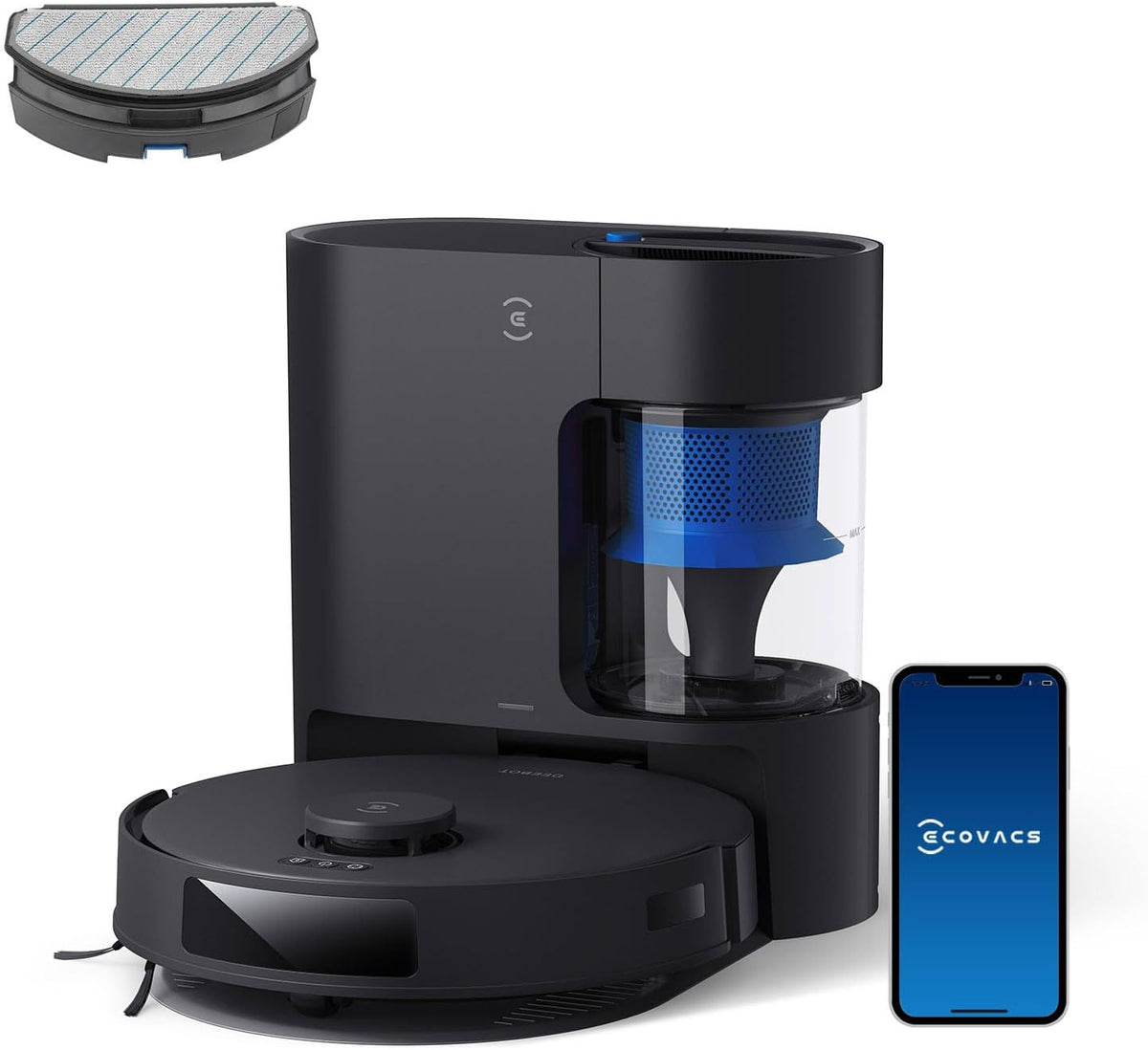 ECOVACS Saugroboter, Schwarz/Blau, DEEBOT N20 PRO Plus mit Wischfunktion, Automatischer Entleerung Station, 8000Pa Saugkraft