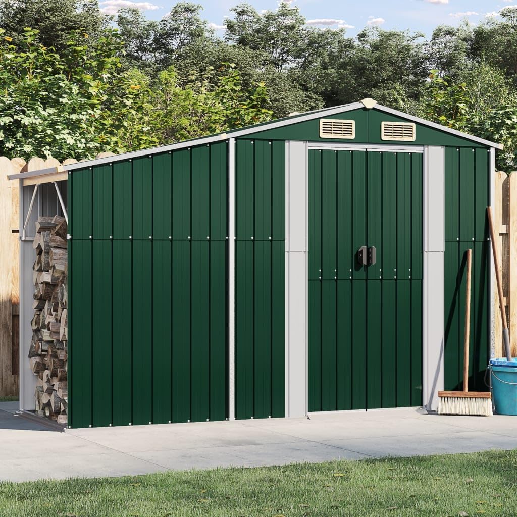 Gerätehaus SECOLI, 277 x 93 x 179 cm, Grün/Grau, Metall mit bodenplatte Metall pultdach Gartenhaus Metall
