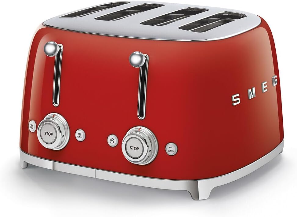 Smeg Toaster, 2000 W, Rot, Toast 4x4 TSF03RDEU, 4 Fächer für 4 Scheiben, 6 Stufen vergoldet, Heizfunktion, Abtau- und Bagel- Funktion