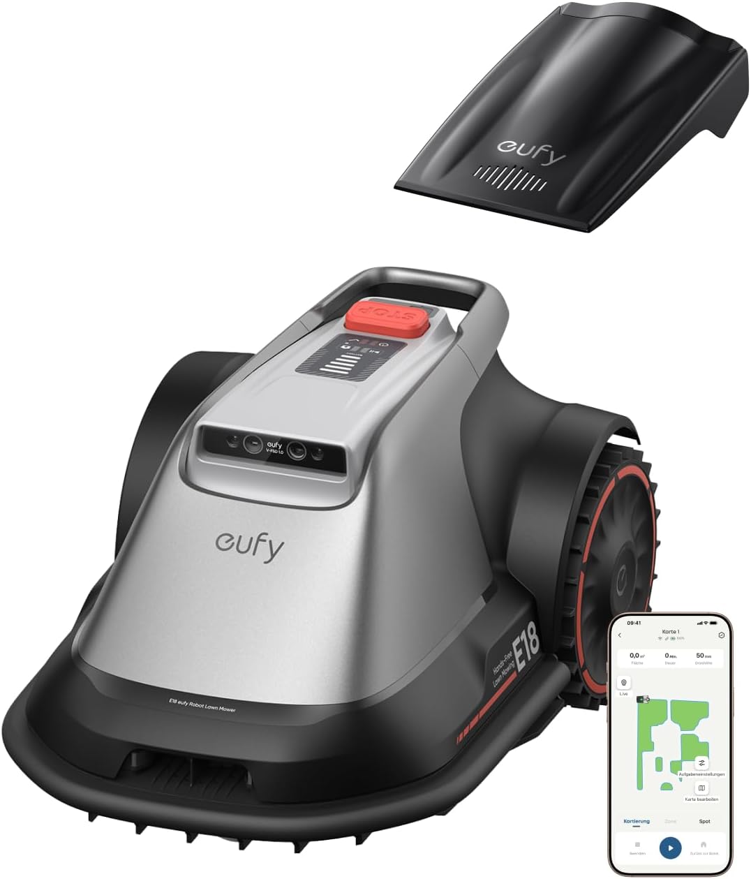 Amazon Renewed Mähroboter, 1200m, Silber/Schwarz, eufy E18 ohne Begrenzungskabel, Keine Signalausfälle, TrueVision Technologie