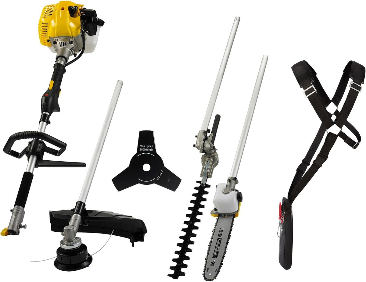 Texas Rasentrimmer, 0,9 kW, Gelb/Schwarz/Silber, Gartenpflegeset 4in1 Benzin BCU33M Hochentaster Motorsense, 2-Takt