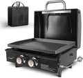GFTIME Gasgrill, 22 Zoll, Schwarz, Tisch mit 2 Brenner, Grillplatte Plancha mit flacher Oberseite Grillplatte, 48.000 BTU
