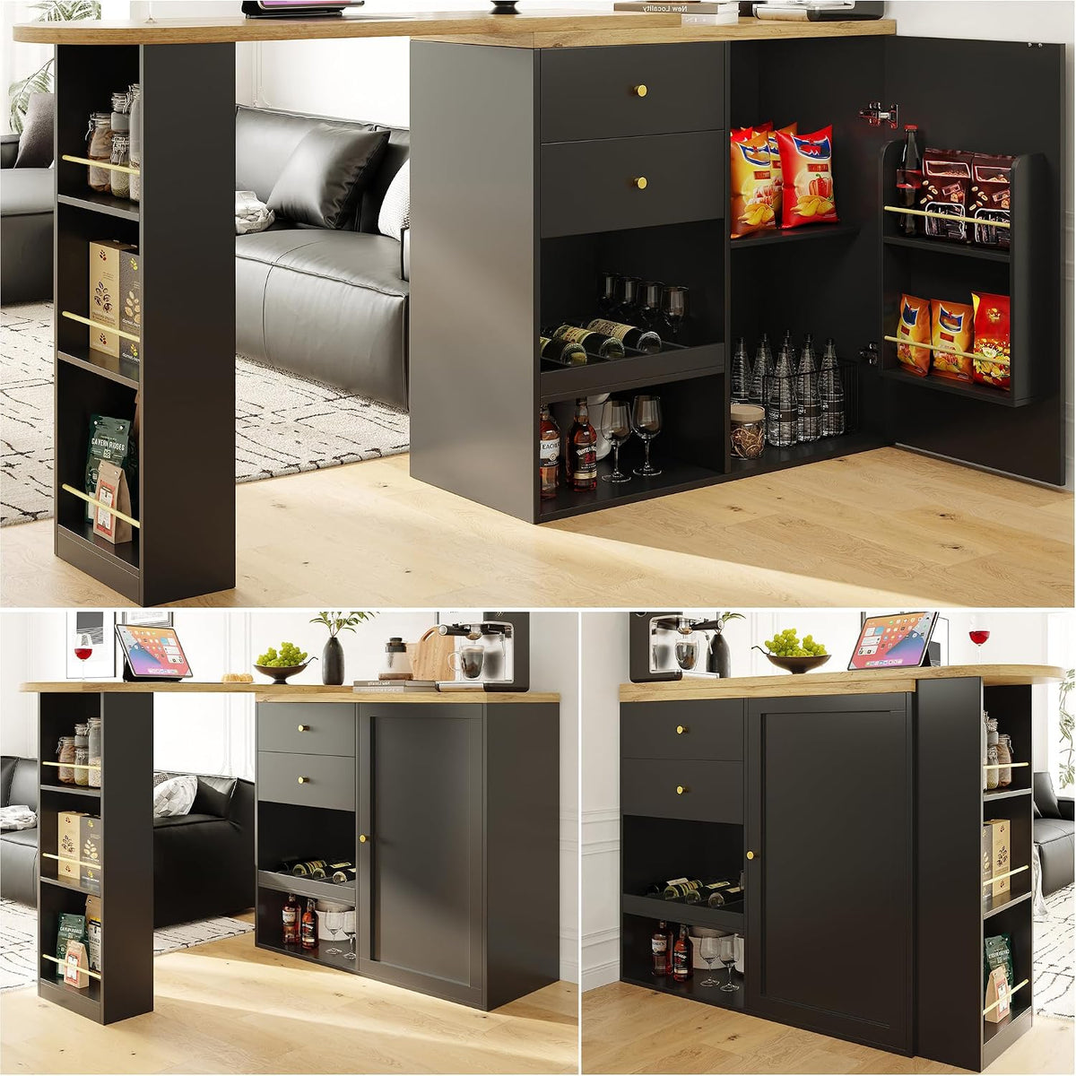 vutizal Bewegliche Kücheninseln, Schwarz/Holz, Kücheninsel mit Bar - Schwarze Kochinsel mit Schubladen