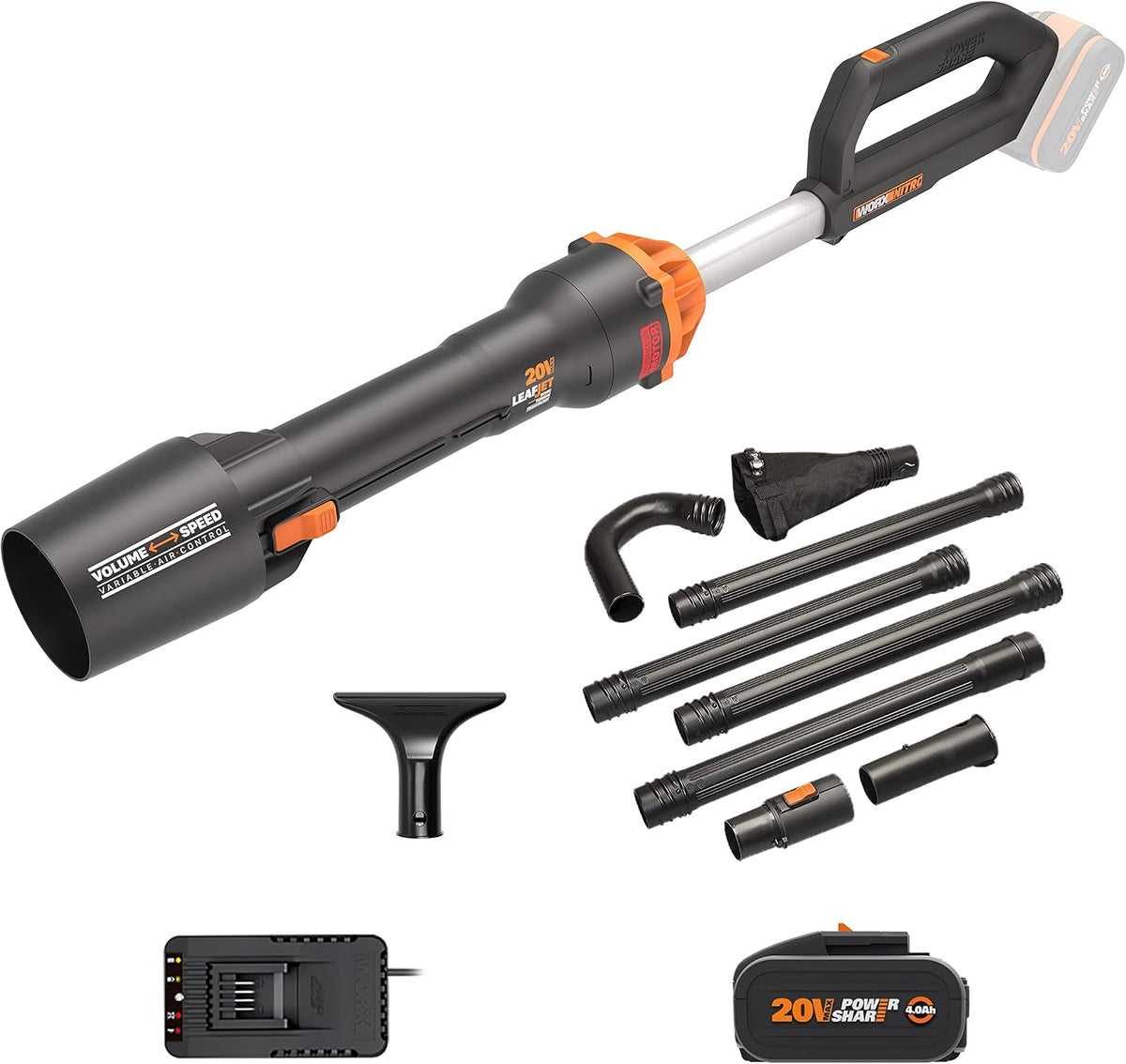 WORX Laubbläser, 4,0 Ah, 20 V, Schwarz/Orange, Nitro WG543E.1 Profi Akku-, bürstenloser Motor 2.0, Max. 209 km/h Luftgeschwindigkeit