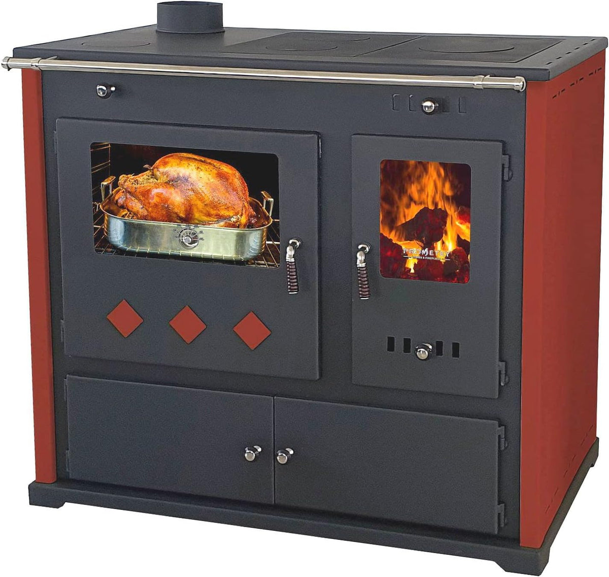Prometey Kaminofen, 9,5 kW, Schwarz/Rot, mit Backfach und Herdplatte Pracktik Lux Rot LINKS Holzofen