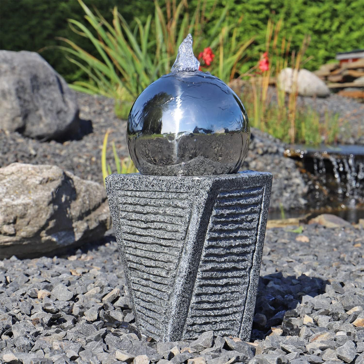 CLGarden Brunnen & Kaskaden, Grau/Silber, Granit Springbrunnen SB17-2 mit Säule und Edelstahl Kugel