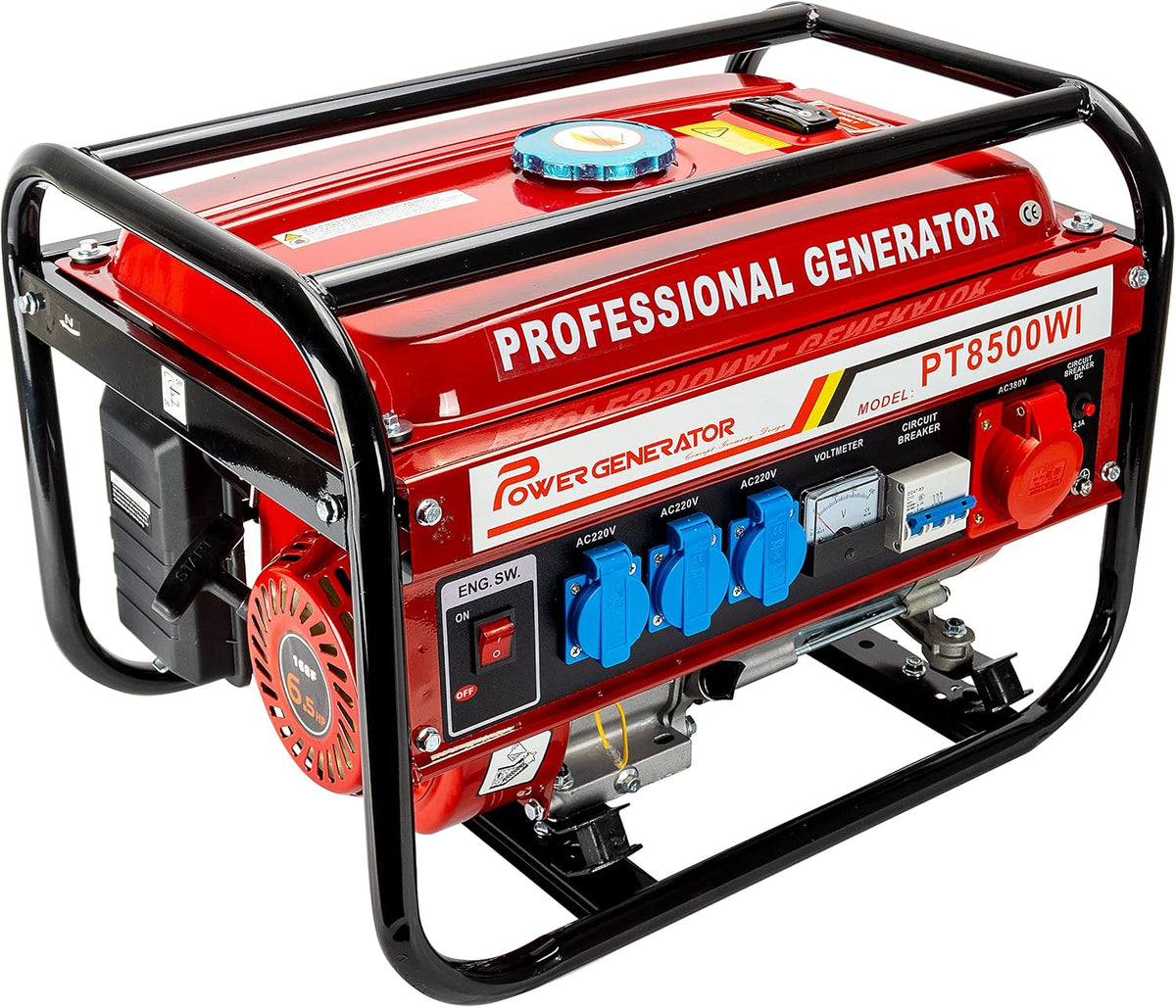 Messermann Powerstation, 230 V, 400 V, 12 V, Rot/Schwarz/Blau, Stromgenerator mit Benzin, Stromerzeuger mit Zubehör