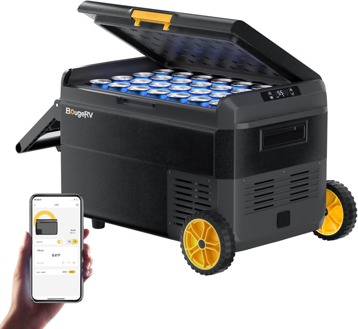 BougeRV Kühlschrank, 230 V, 40 L, 12 V, Schwarz/Gelb, CRS Kompressor Kühlbox mit Griff Rollen Auto Kühlbox