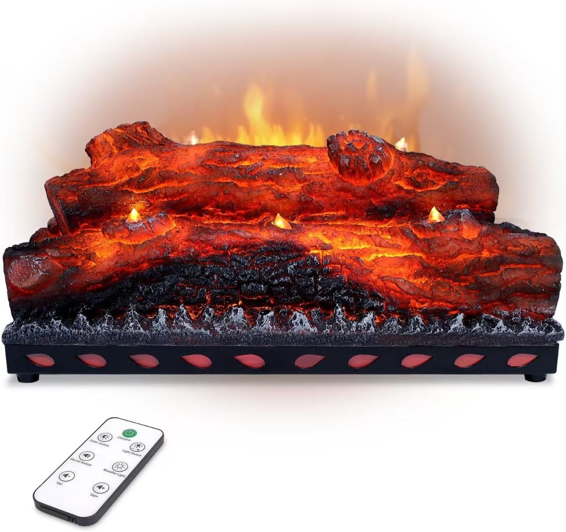 dainiqukanhai Elektrokamin, Rot/Schwarz, Elektrischer Kamin, Holzscheite, realistischer Flammeneffekt, Kerze, LED-Flammenlicht
