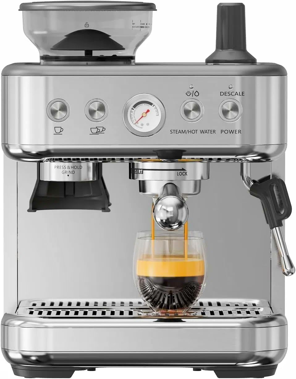 Towallmark Kaffeemaschine, 15 Bar, 1350 W, 2.3 L, Silber, Espressomaschine Mit Mahlwerk, Halbautomatische Edelstahl Pidtemperaturkontrolle Heizsystem