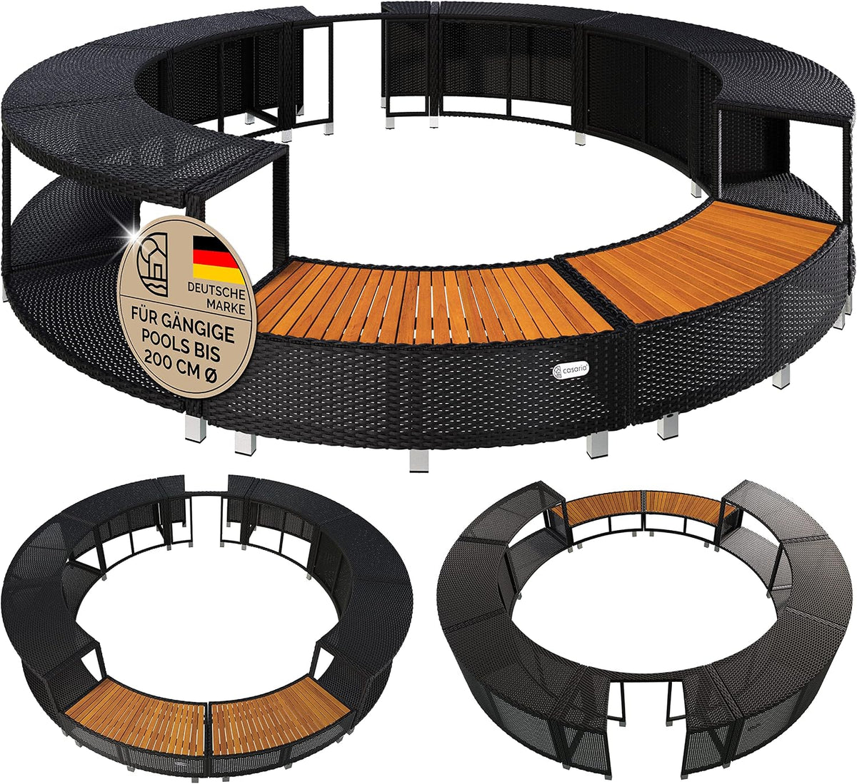 Casaria Badewannen mit Sprudelfunktion, 206 cm, Schwarz/Braun, ® Luxus Whirlpool Verkleidung Polyrattan Innen Ø Einstieg