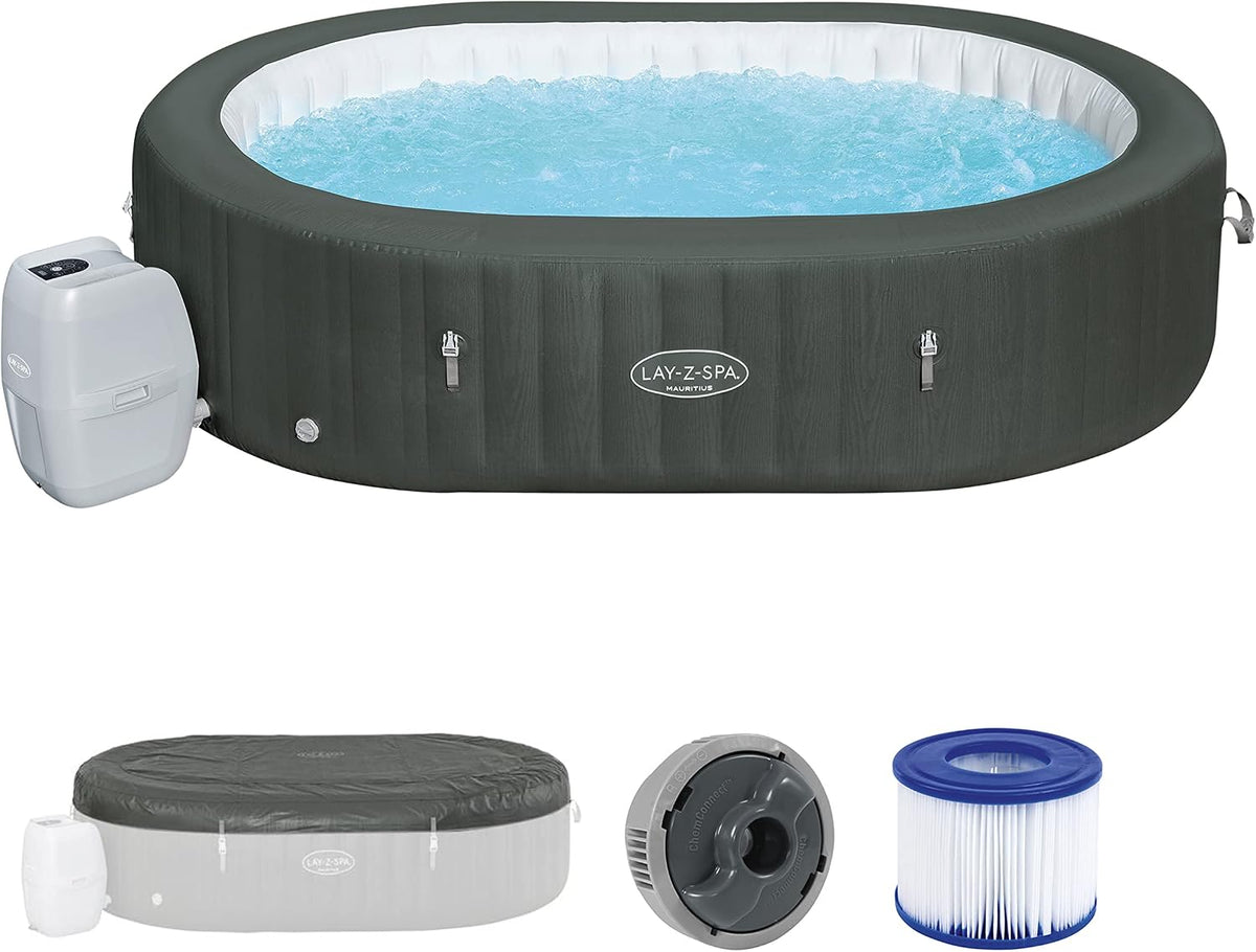 Bestway Aufblasbare Pools, 270 x 180 x 71 cm, grau/weiß, LAY-Z-SPA XXL WLAN-Whirlpool Mauritius AirJet, oval