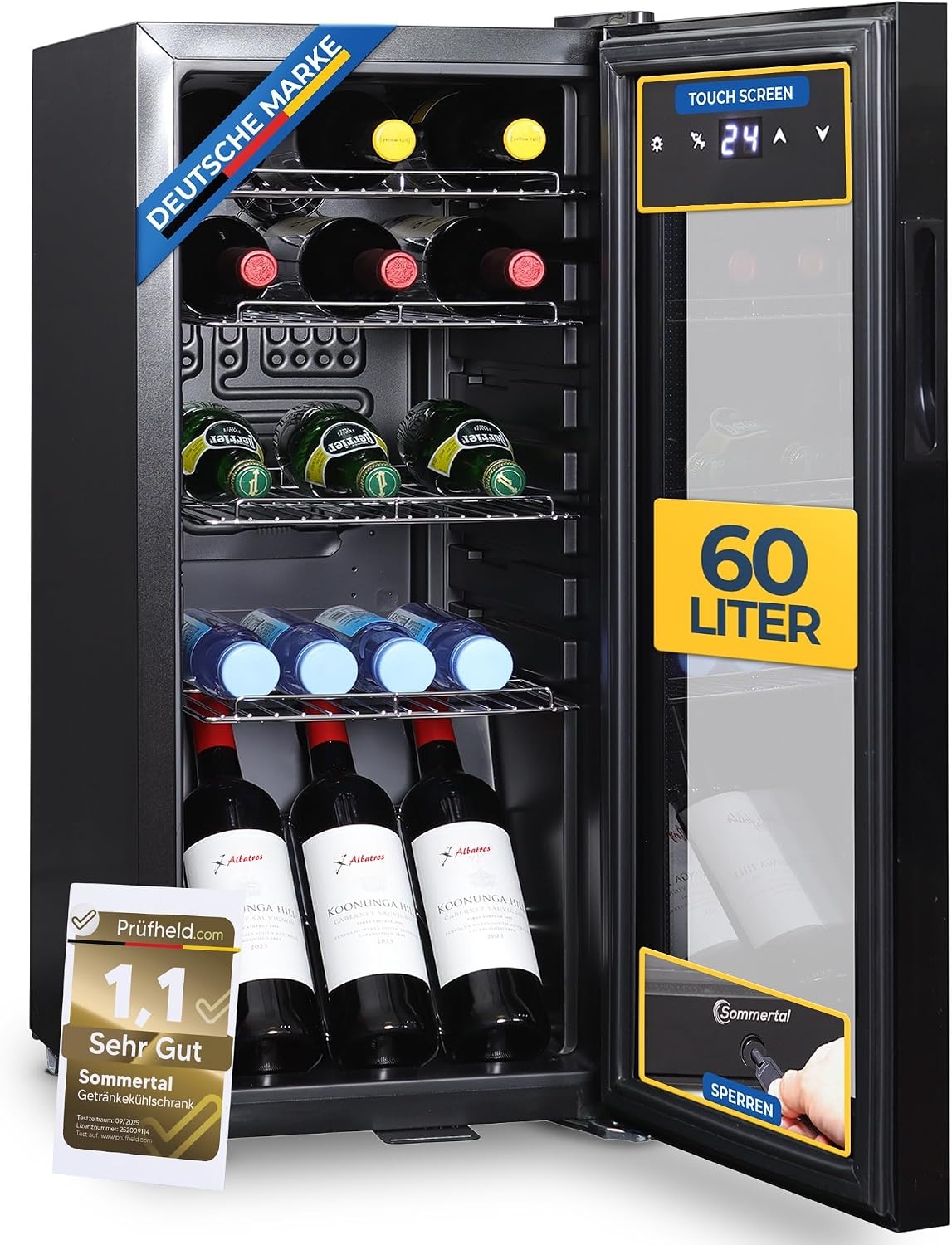 Sommertal Getränkekühlschrank, 60 L, schwarz, Kühlschrank mit Glastür GK60, Leiser mit LED, Touchscreen & Schloss kleiner Flaschenkühlschrank
