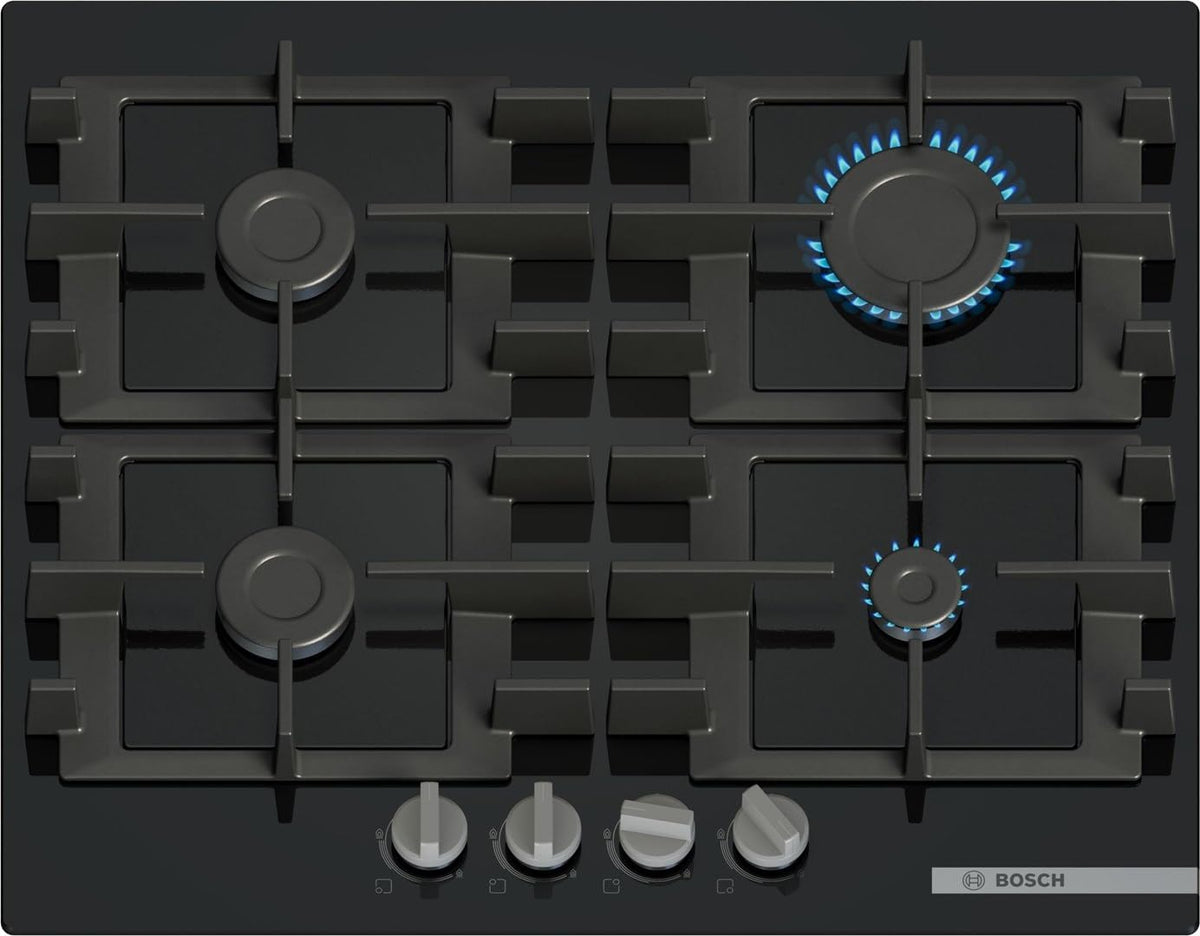 Bosch Gasherd, 60 cm, Schwarz, PNP6B6K40 Serie 4, gehärtetes Glas, Grillroste aus Gusseisen spülmaschinenfest, Serie 6