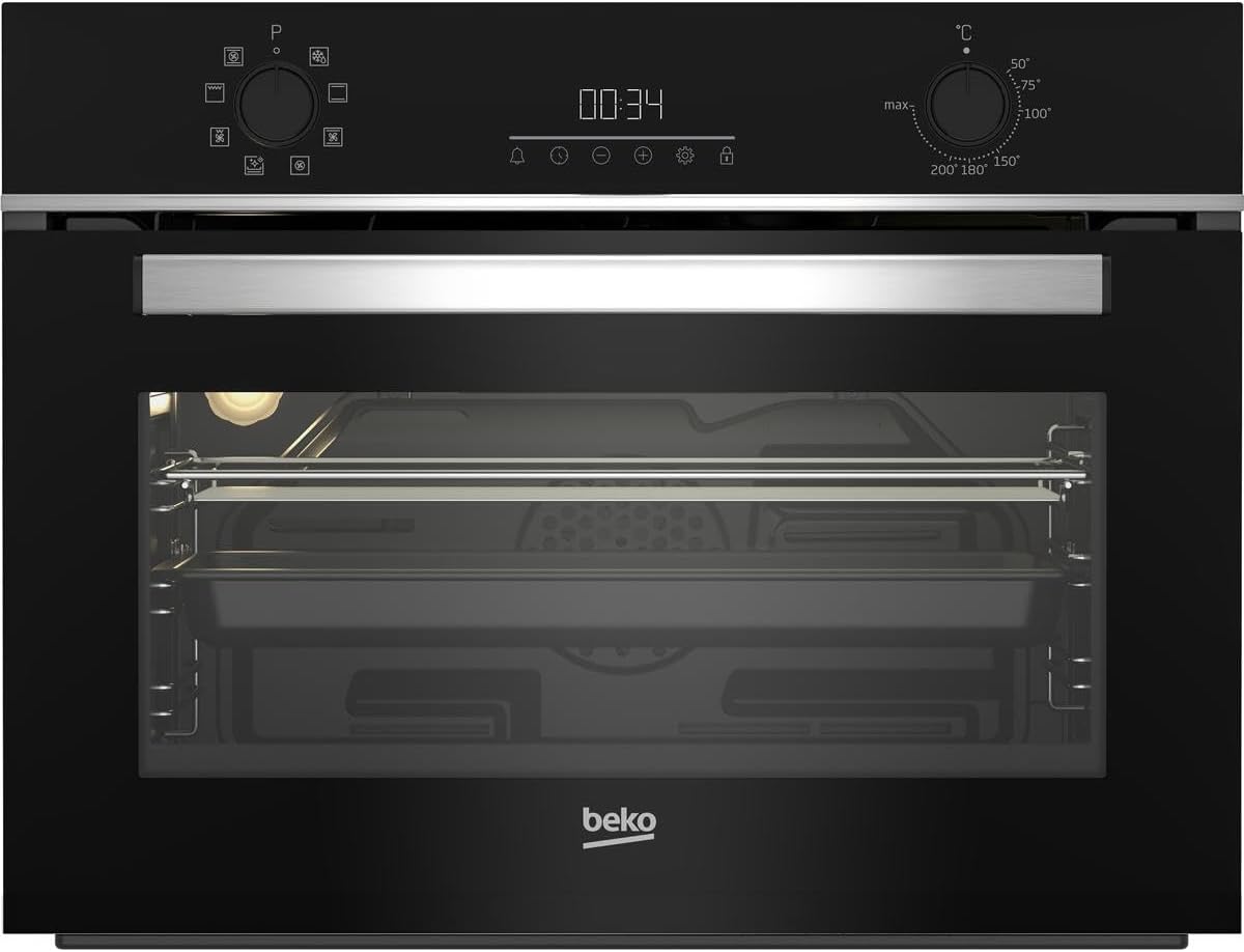 Beko Backofen, Schwarz, BBCM13300X Einbau-Kompaktofen, multifunktionaler mit 8 Heizarten, SteamShine-Reinigung