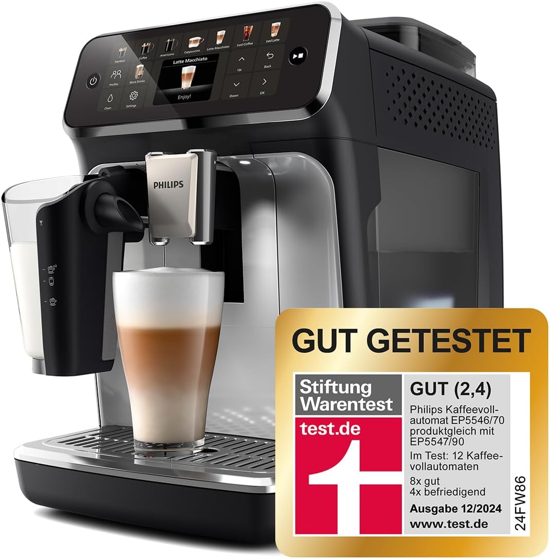 Philips Kaffeevollautomat, Schwarz/Silber, Serie 5500, LatteGo Milchsystem, 20 heiße und kalte Kaffeespezialitäten