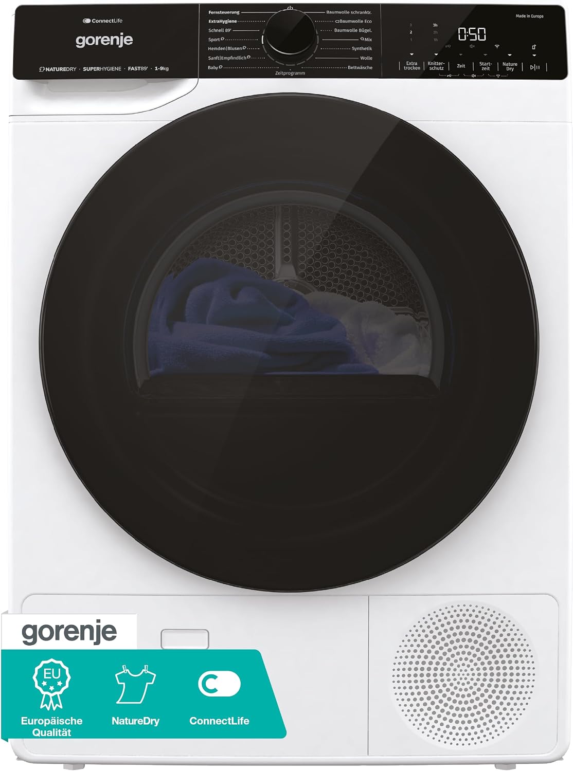 Gorenje Wärmepumpentrockner, 9 kg, Weiß/Schwarz, DPNA93 W, Kapazität, 15 Programme, ConnectLife WiFi, Auto Dra