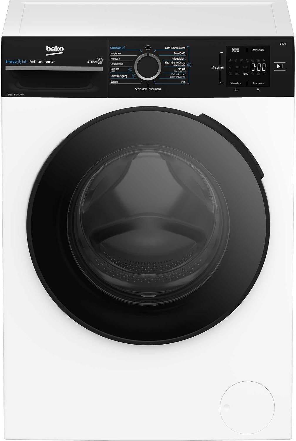 Beko Waschmaschine, 9 kg, Weiß/Schwarz, BM3WFU3941R Waschvollautomat, EnergySpin, Schleuderwahl 1400 U/min, SteamCure Dampffunktion