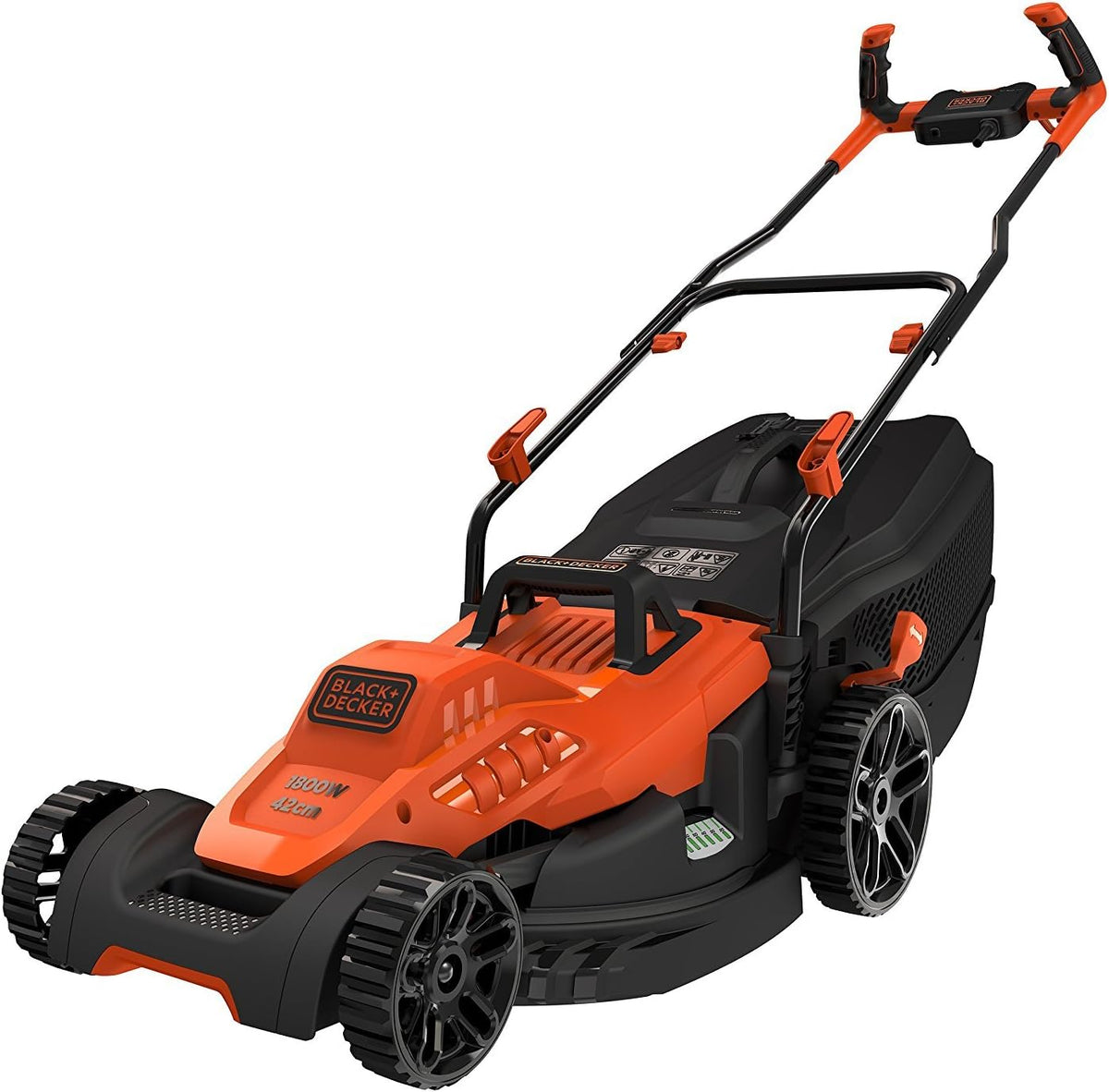 BLACK+DECKER Rasenmäher, 1.800 W, 42 cm, 50l, Orange/Schwarz, Elektro- mit Fahrradlenker-Griff (, Schnittbreite, 6-Fach Höhenverstellung